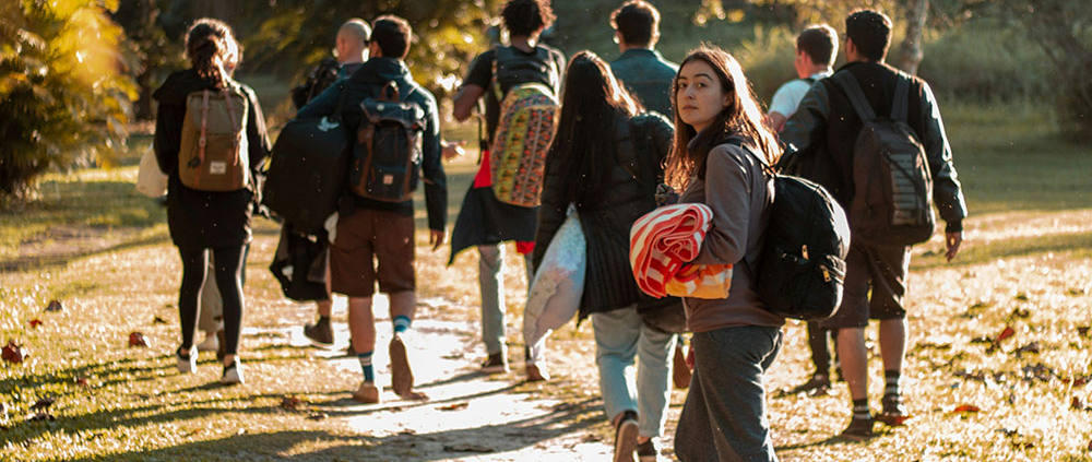 Student group on a woalk in nature